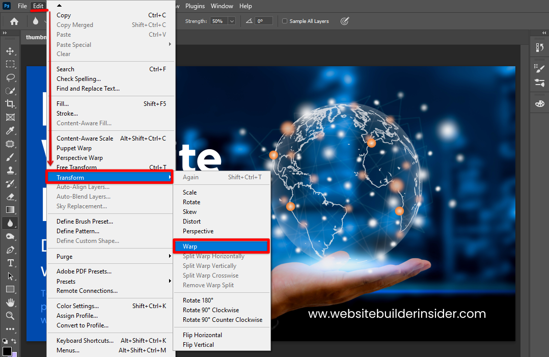 Open image file in Photoshop then go to edit menu, click transform option and select the warp command