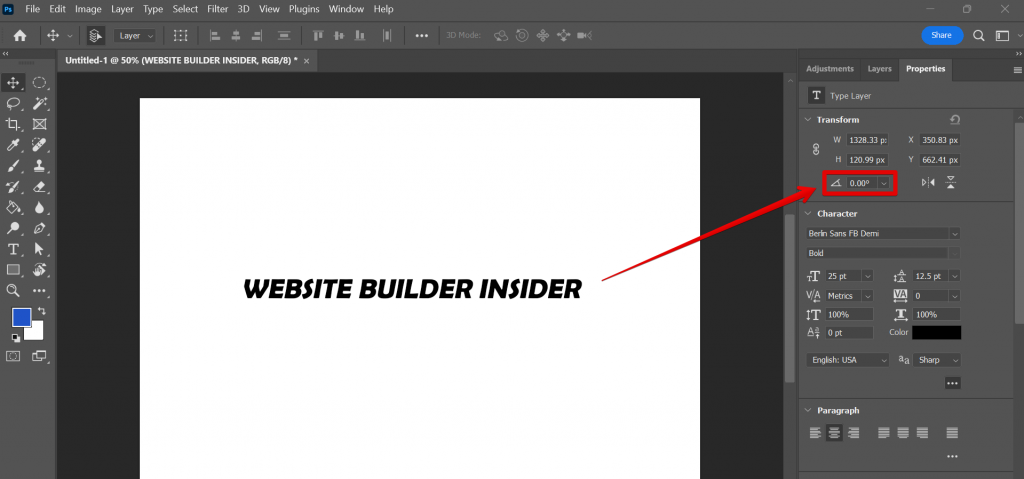 how to change angle of text in photoshop