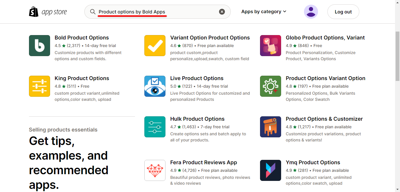 Search Product Options by Bold Apps in Shopify App Store