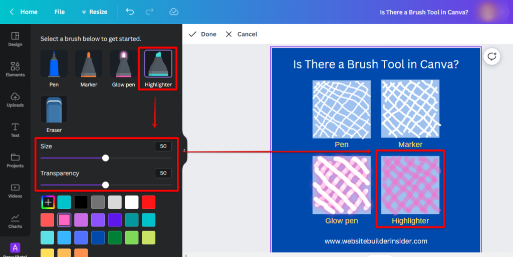 Is There A Brush Tool In Canva WebsiteBuilderInsider Com   Select Any Brush In The Canva Draw Tool Adjust The Size And Transparency Then Apply In Your Design 1024x514 