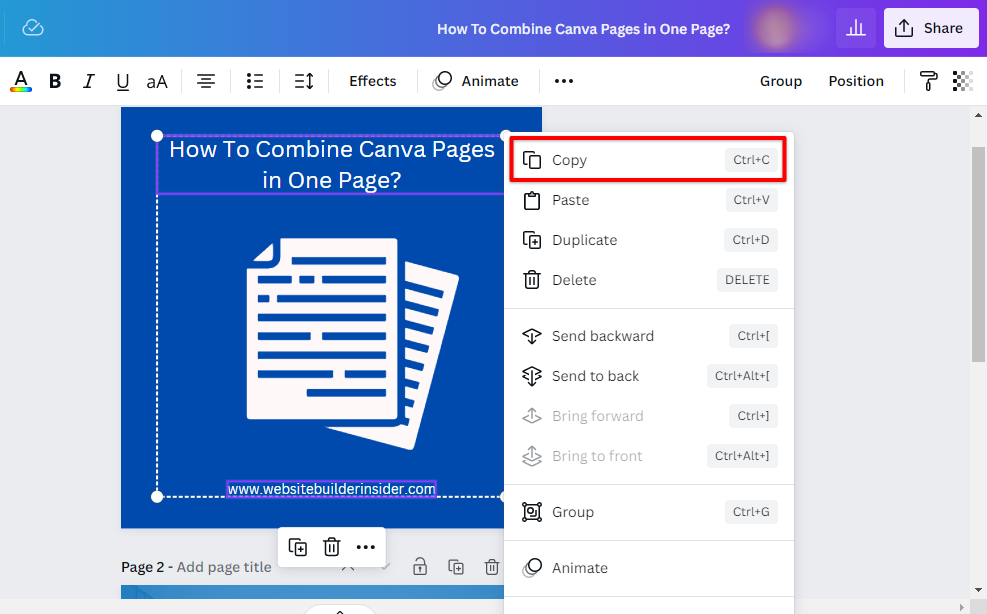 Select the Canva element, right click on it and select copy from the menu