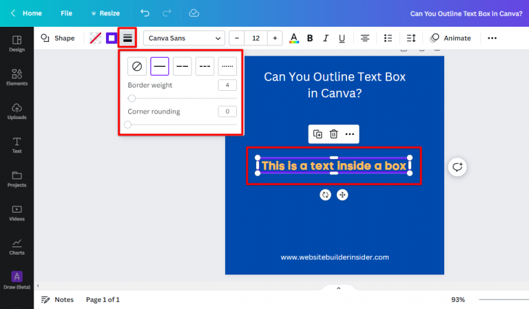 how to make text box outline in canva