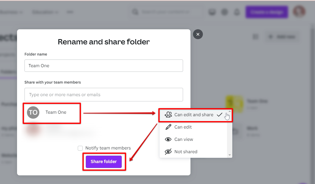 Share folder to the new Canva team and allow access to edit and share