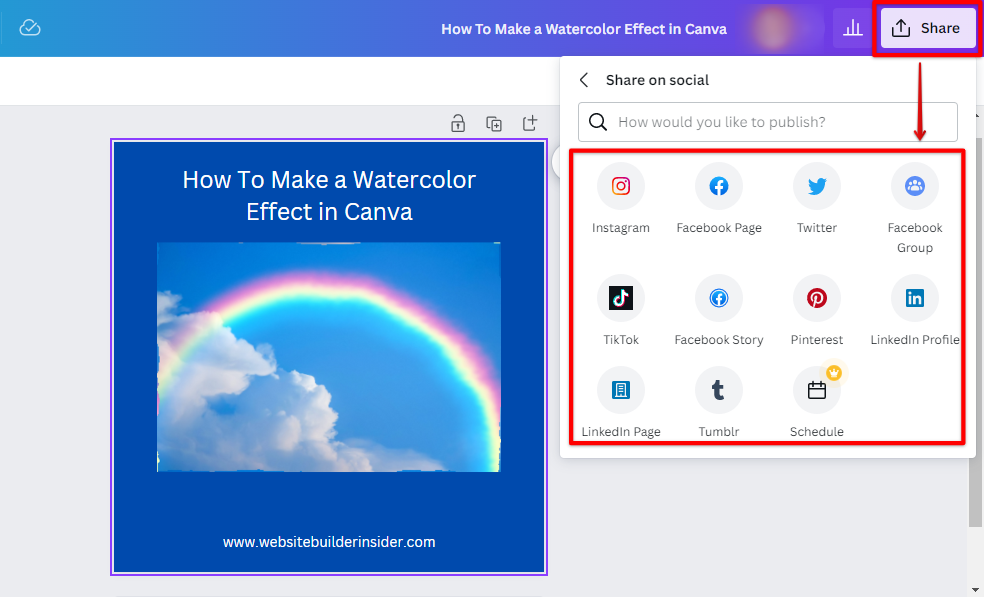 Share your design with watercolor effect in Canva to social medias