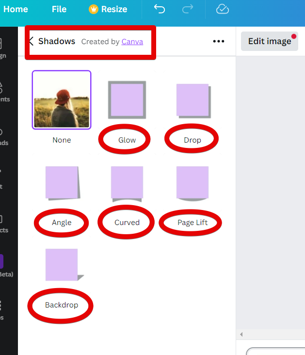 types of shadows in Canva