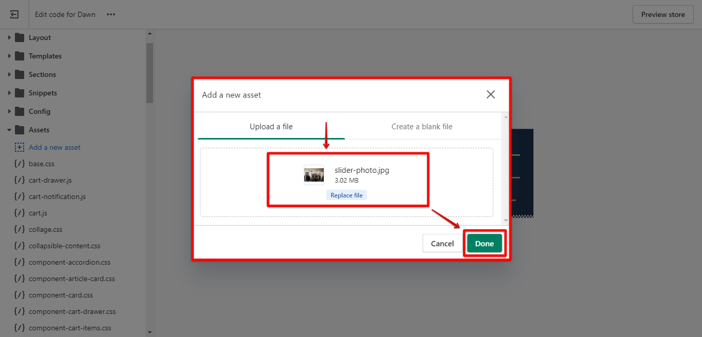 Upload your images in Shopify add a new asset dialog