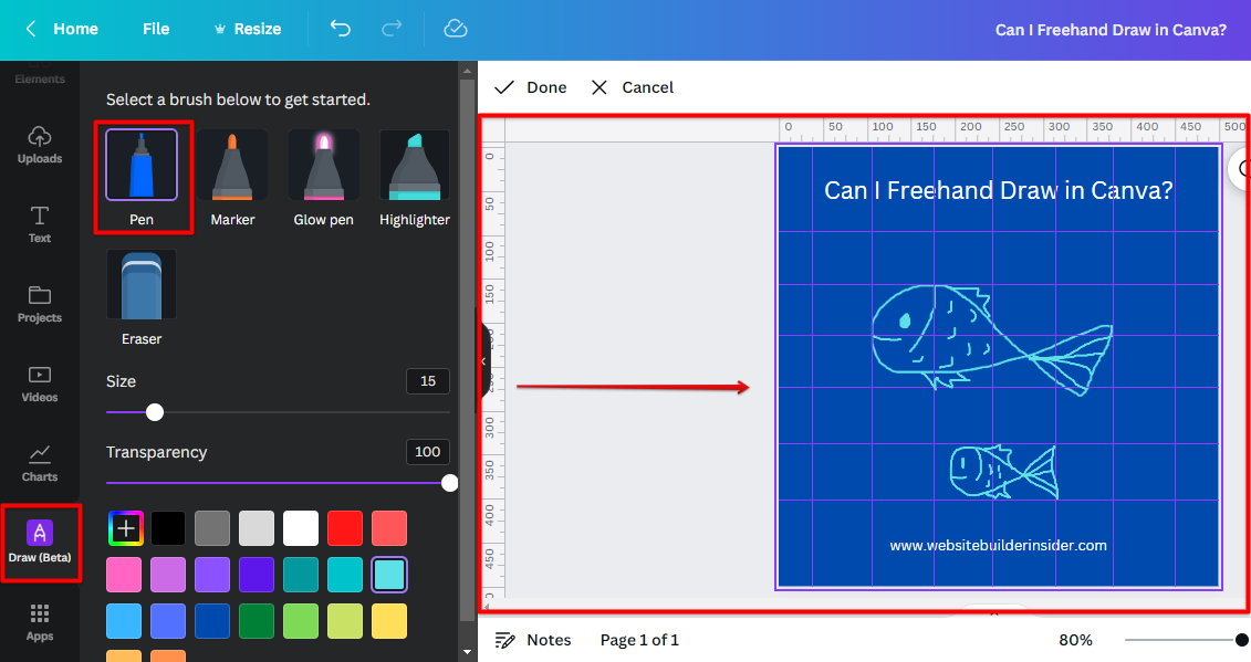 Use Canva rulers and grid to create a symmetrical freehand drawing