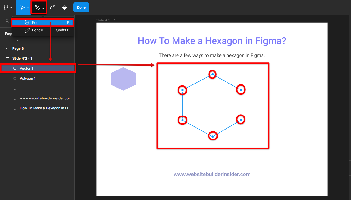 Use Figma pen tool to create a hexagon