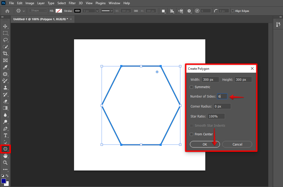 Use Photoshop polygon tool to create hexagon