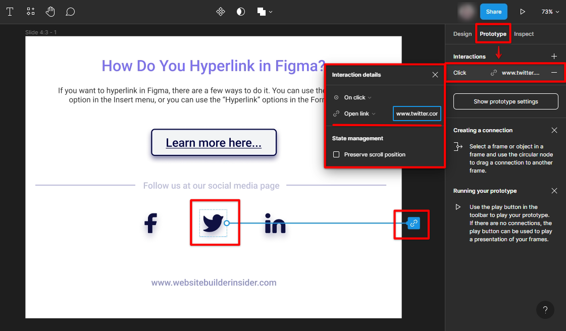 Use the Figma prototype interaction details to add link to your object elements